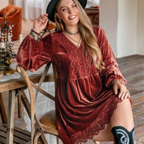 Rusttydustty NWT SZ 3X Rust Velvet Babydoll Dress Lace Trim Boho Cottage Romance - Picture 1 of 16